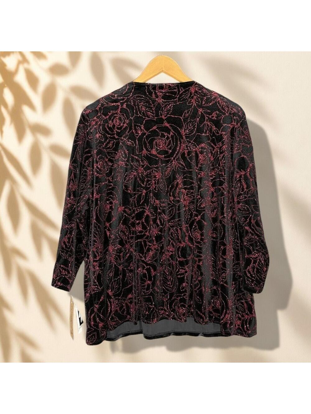 New Notations Top Women 2X Plus Black Floral Rhinestone Velvet Tasseled Casual - Picture 2 of 9